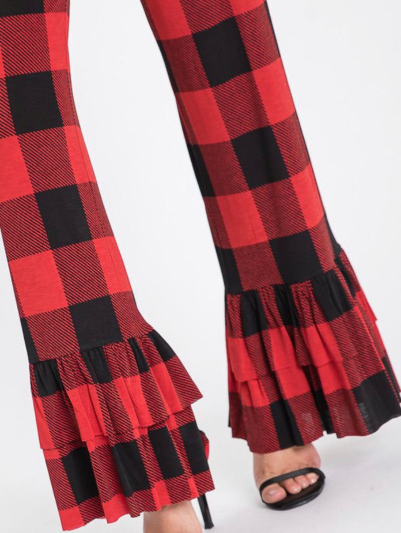 1543- Red/Black Plaid Ruffle Pants