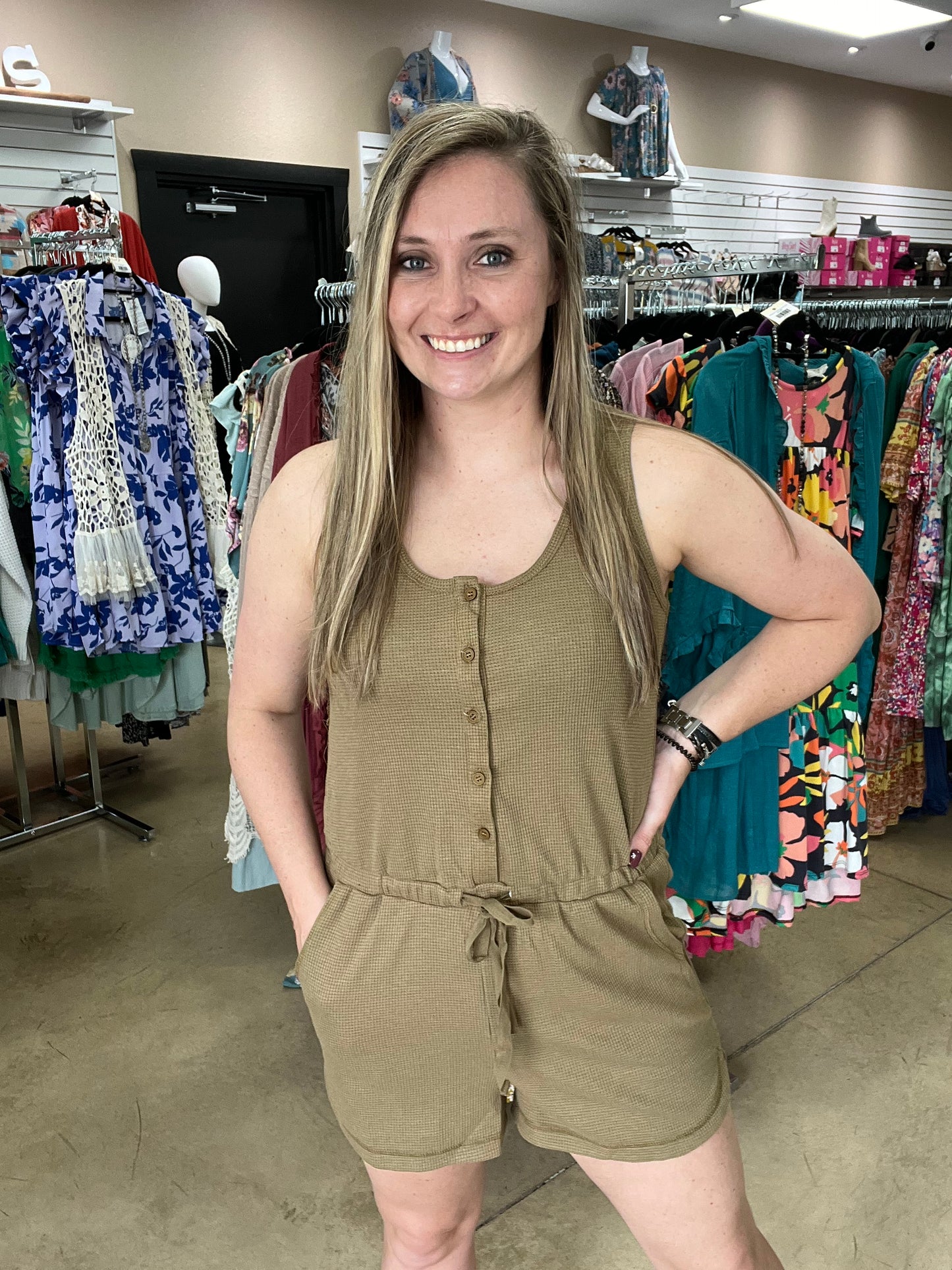 7857- Olive Raw Edge Tank Romper