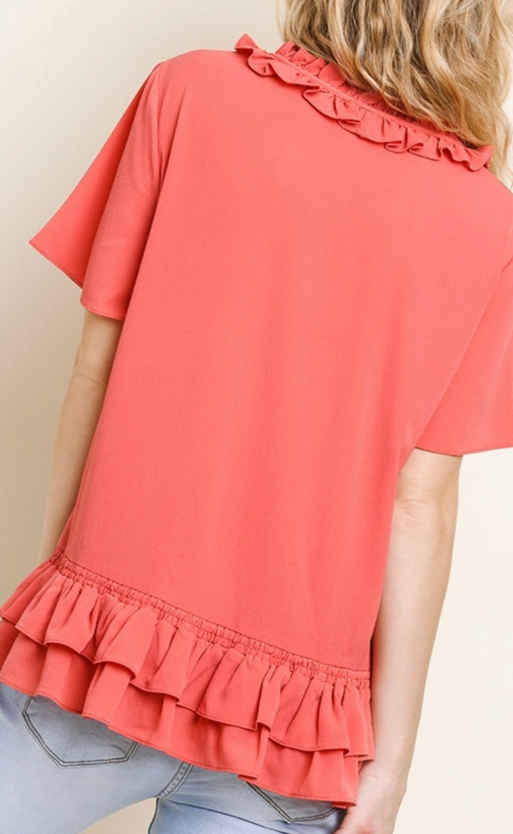 1391- Umgee Coral Ruffle V-Neck Top