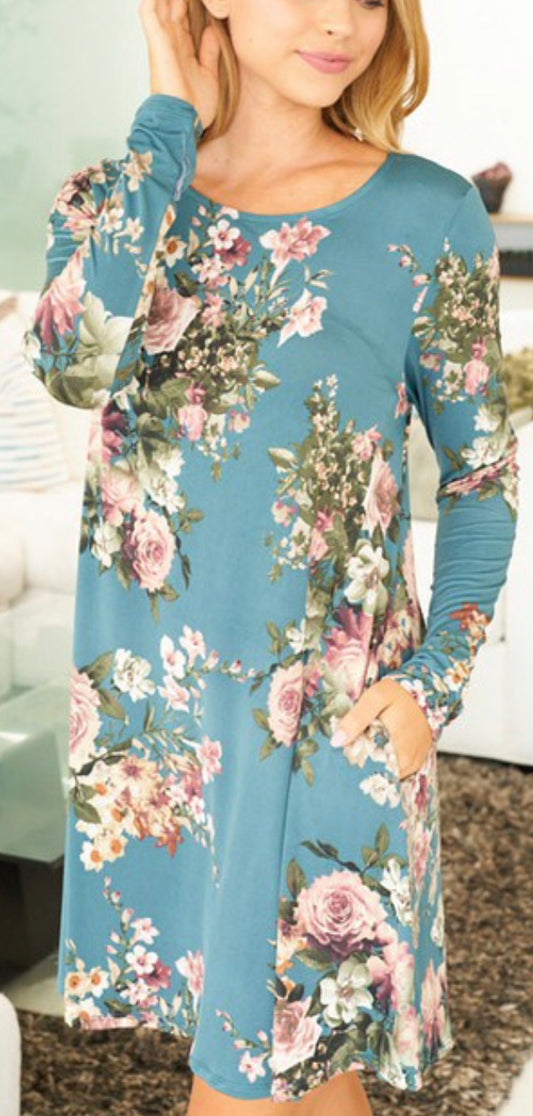 1380- Teal Long Sleeve Floral Dress