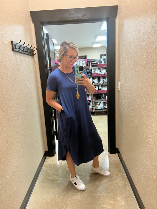 1201- Denim Buttersoft Mid Calf Scoop Hem Dress w/ Pockets