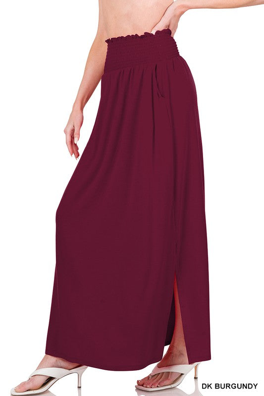 7985- Dark Burgundy Smocked Maxi Skirt