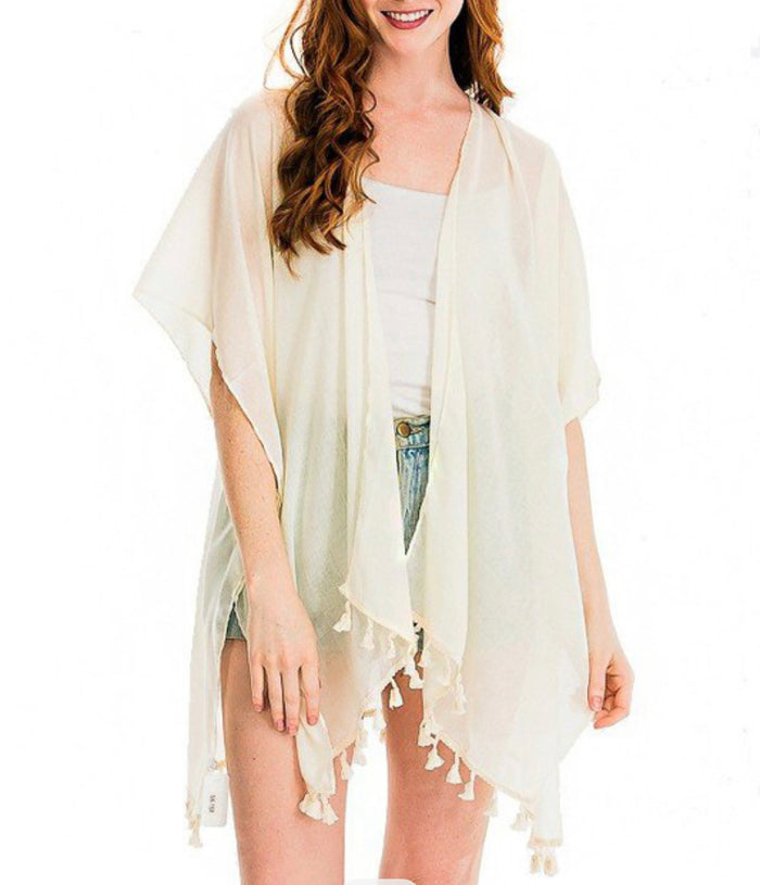 1292- Cream Semi Sheer Slit Side Kimono