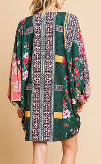 1392- Umgee Dark Green Scarf Print Open Kimono