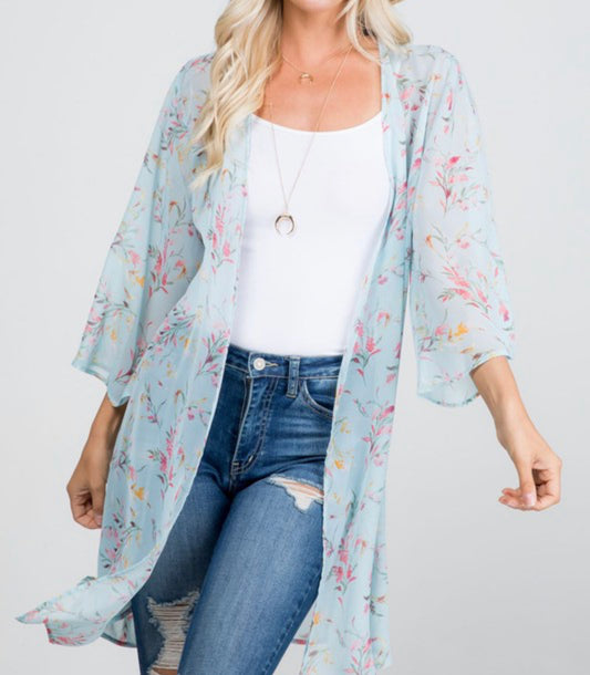 1185- Powder Blue w/ Pink & Yellow Floral Kimono