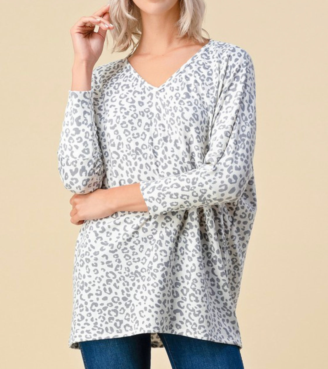 1662- Gray Relaxed Fit Animal Print Top