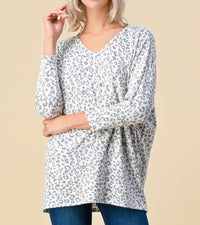 1662- Gray Relaxed Fit Animal Print Top