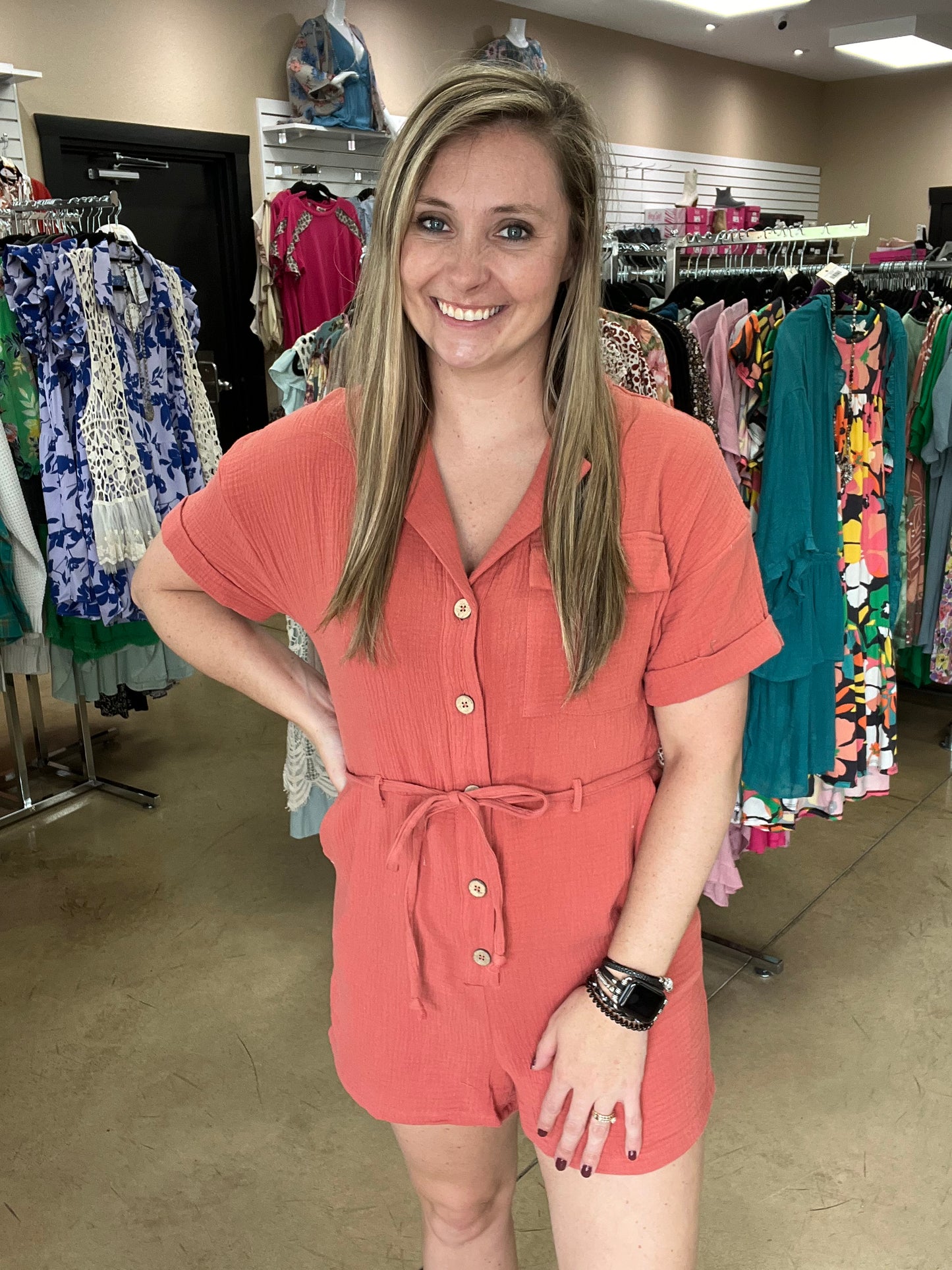 7855- Rust Short Sleeve Gauze Romper w/ Pockets