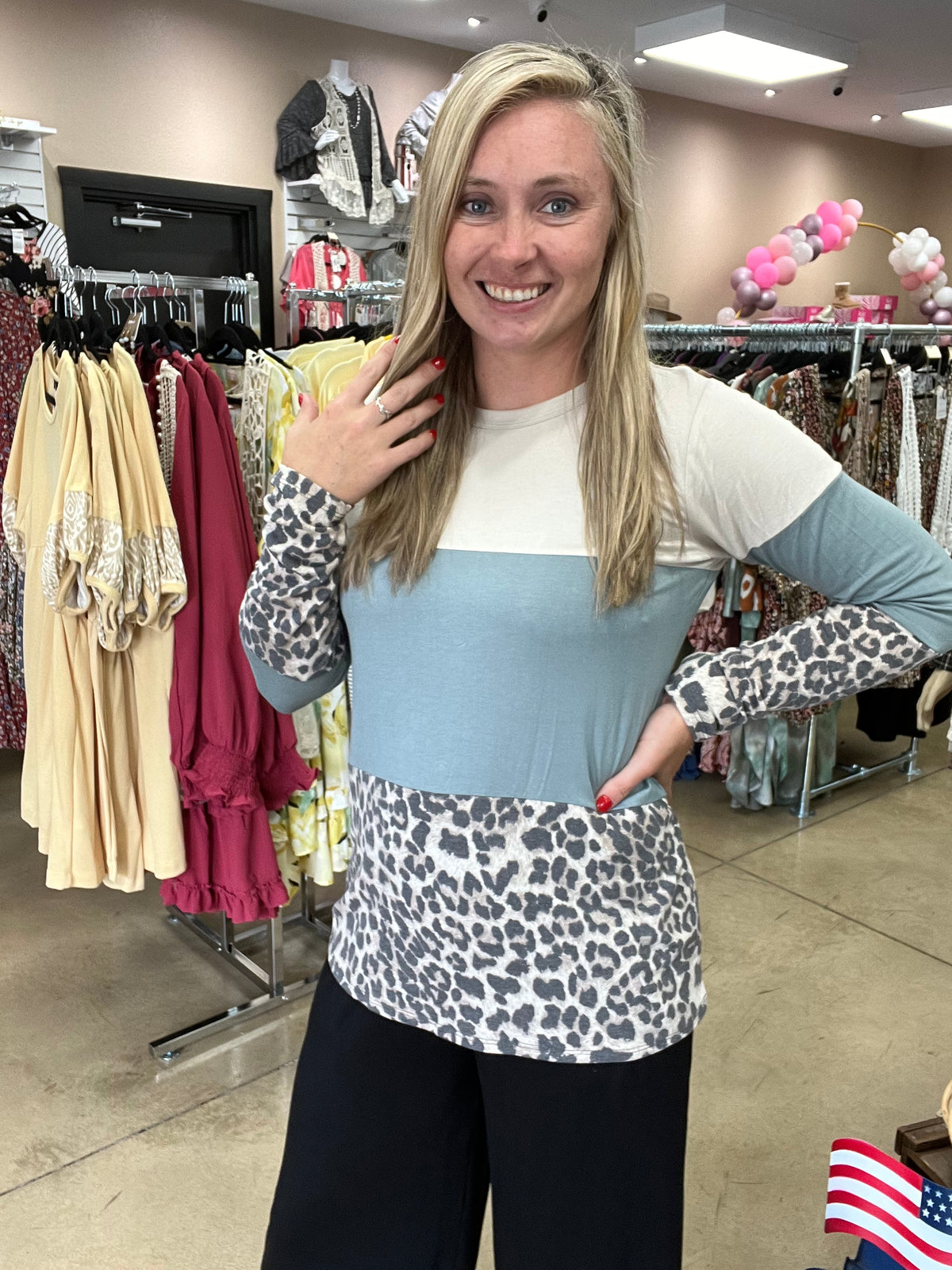 6900- Taupe/Teal/Leopard Color Block Top w/ Button Detail Back