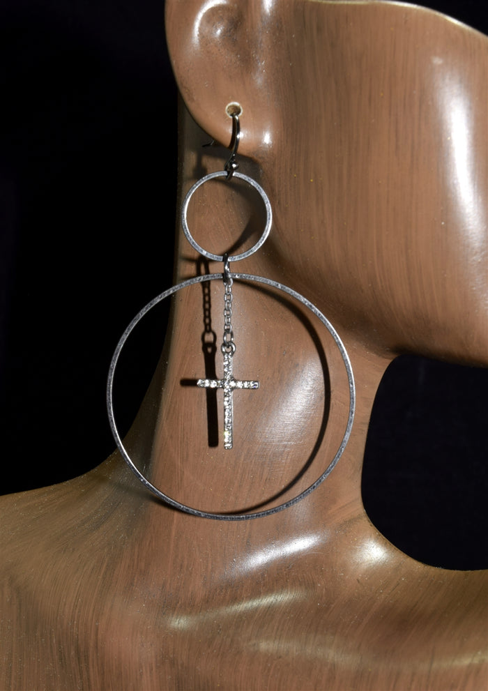 1438- Silver Cross Circle Earrings