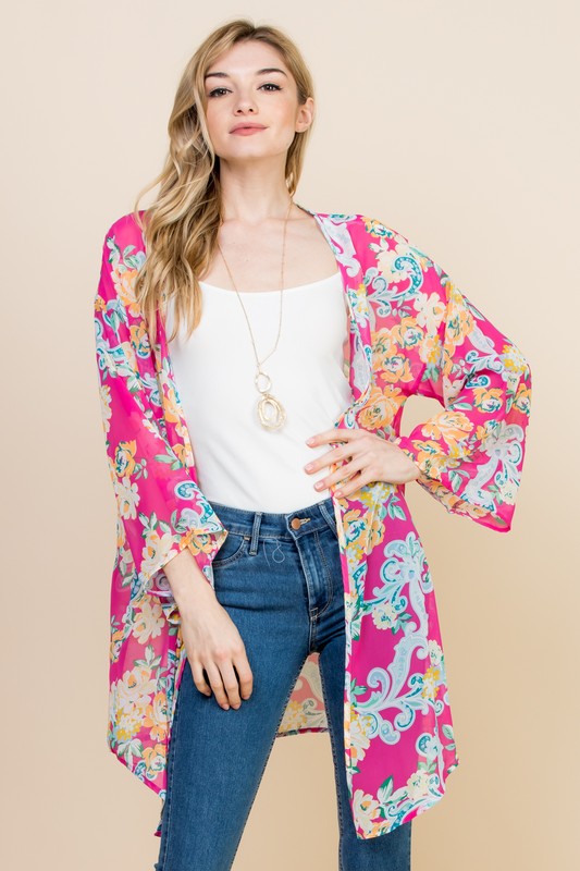 7741- Hot Pink Spring Floral Print Kimono