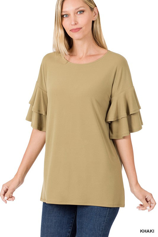 1480- Khaki Double Ruffle Short Sleeve Top