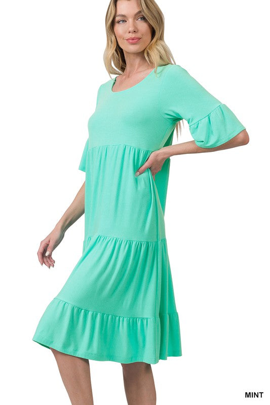 7359- Mint Ruffle Sleeve Tier Dress