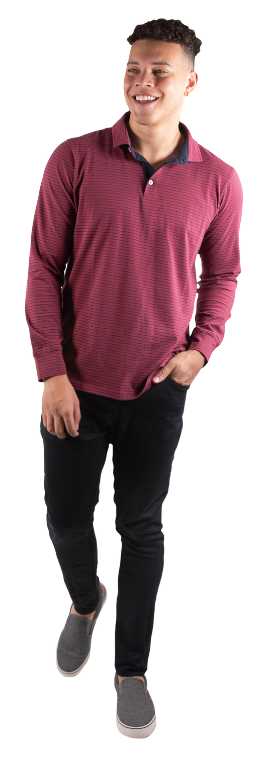 7296- Mens Maroon Stripe Long Sleeve Polo by Simply Southern