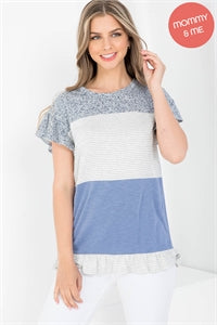 6004- Blue Color Block w/ Floral Print Ruffle Sleeve  Detail Top [MOMMY & ME]