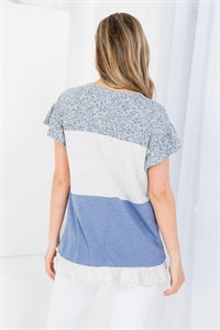 6004- Blue Color Block w/ Floral Print Ruffle Sleeve  Detail Top [MOMMY & ME]