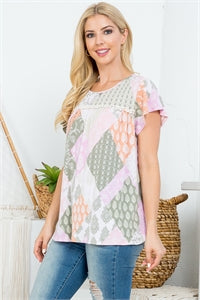 6007- Pink & Sage Multi Pattern Top w/ Pom Pom Detail [MOMMY & ME]