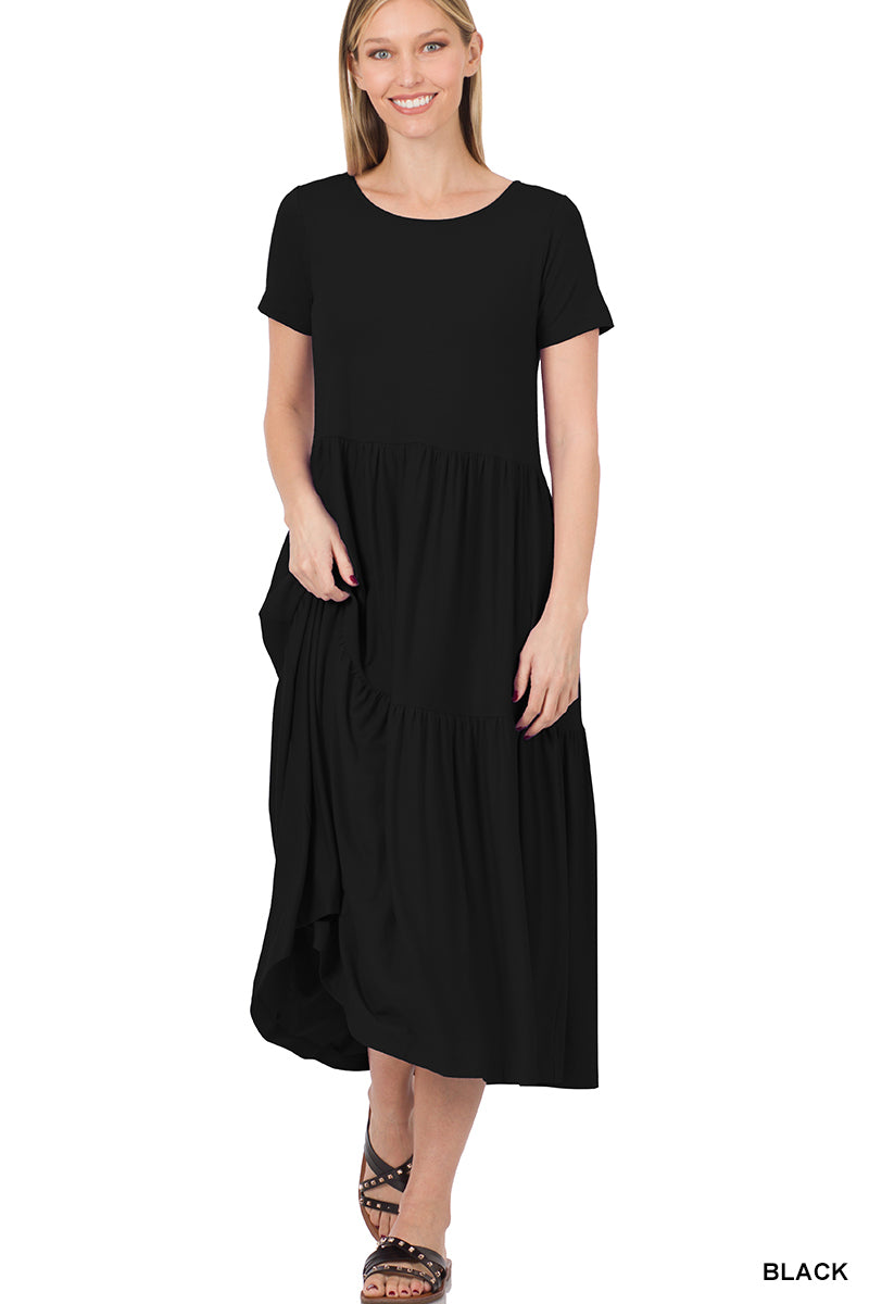 757- Black Tier Mid Calf Short Sleeve Dress