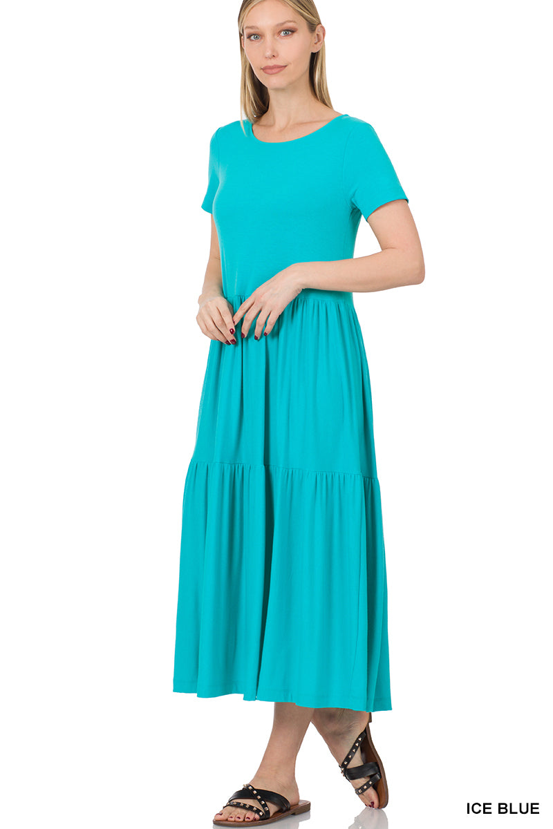 755- Ice Blue Tier Mid Calf Short Sleeve Dress