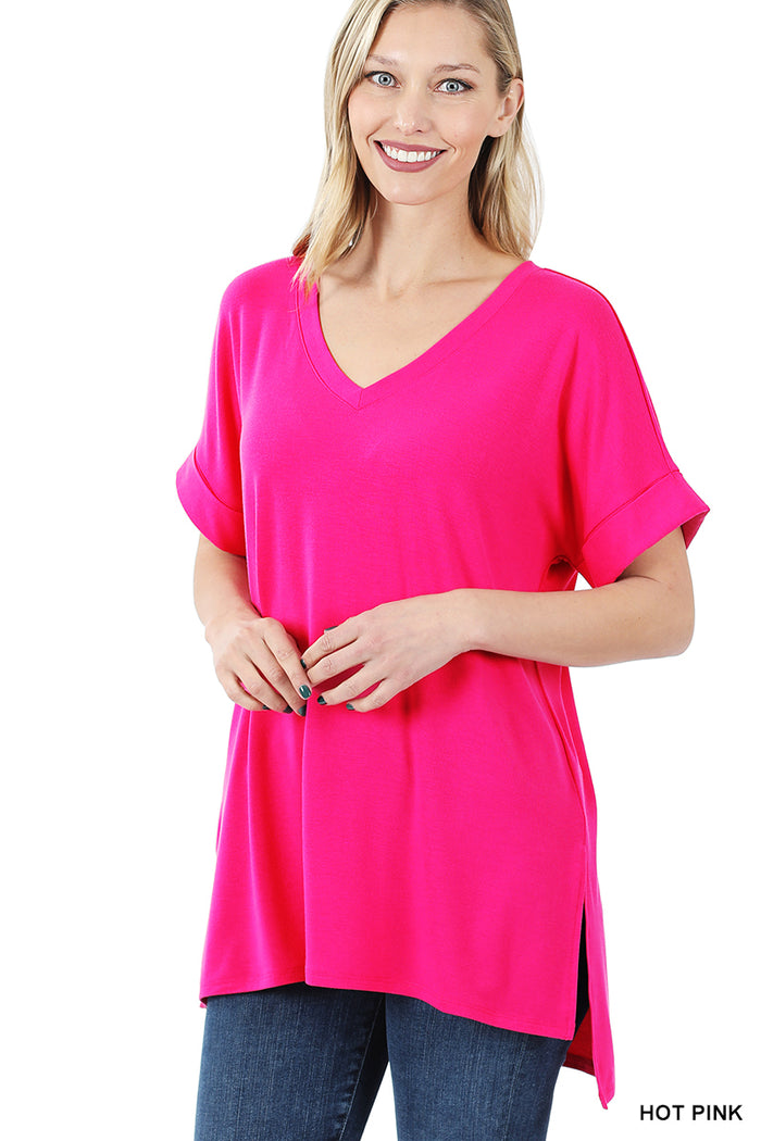 870- Hot Pink Side Slit High Low Top