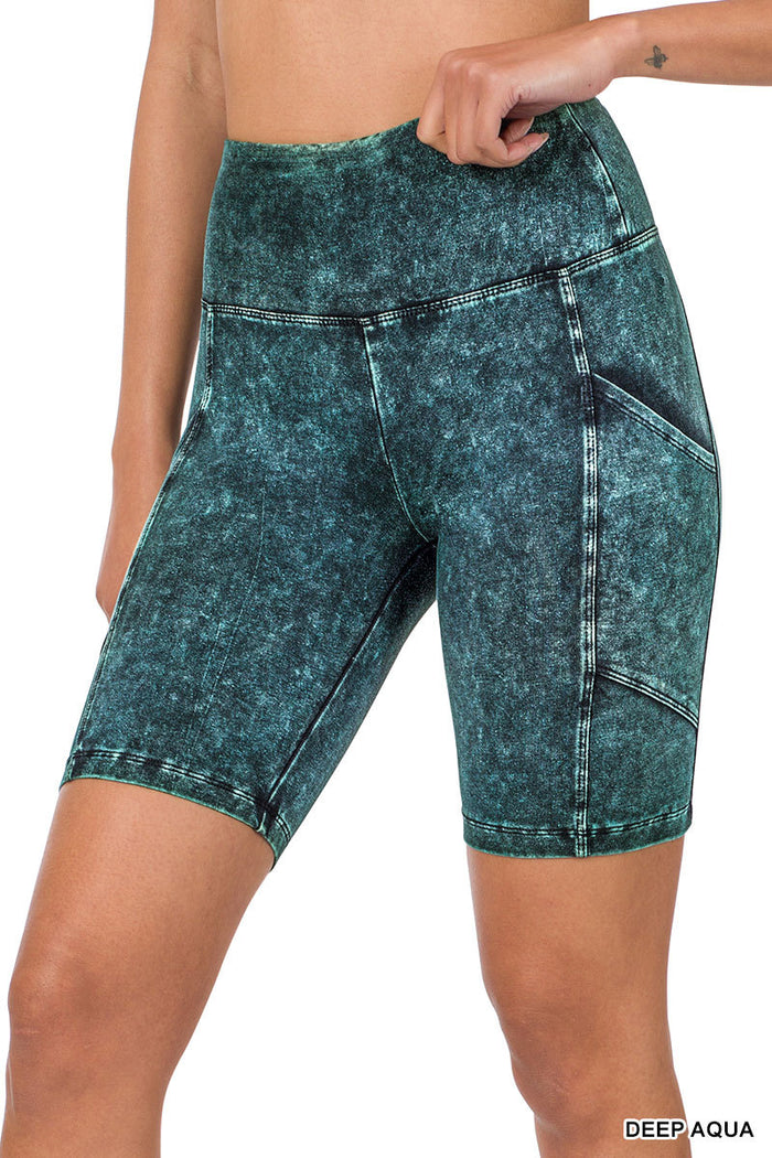 873- Deep Aqua Mineral Wash Double Pocket Biker Shorts