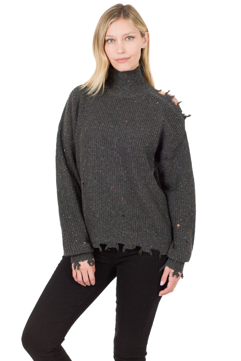 1358- Charcoal Turtleneck Speckled Sweater