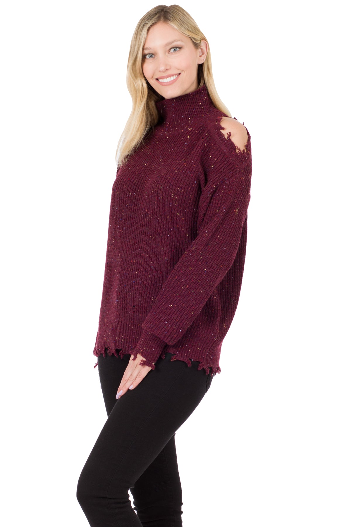 1364- Dark Burgundy Turtleneck Speckled Sweater