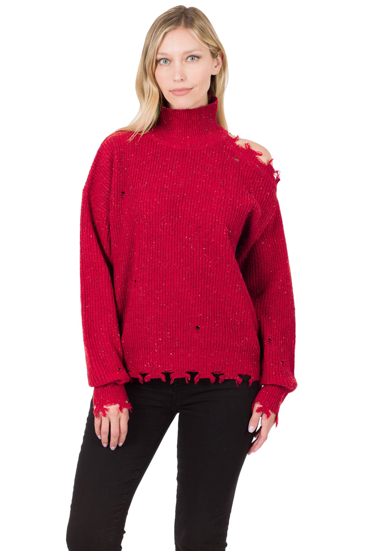 1357- Dark Red Turtleneck Speckled Sweater