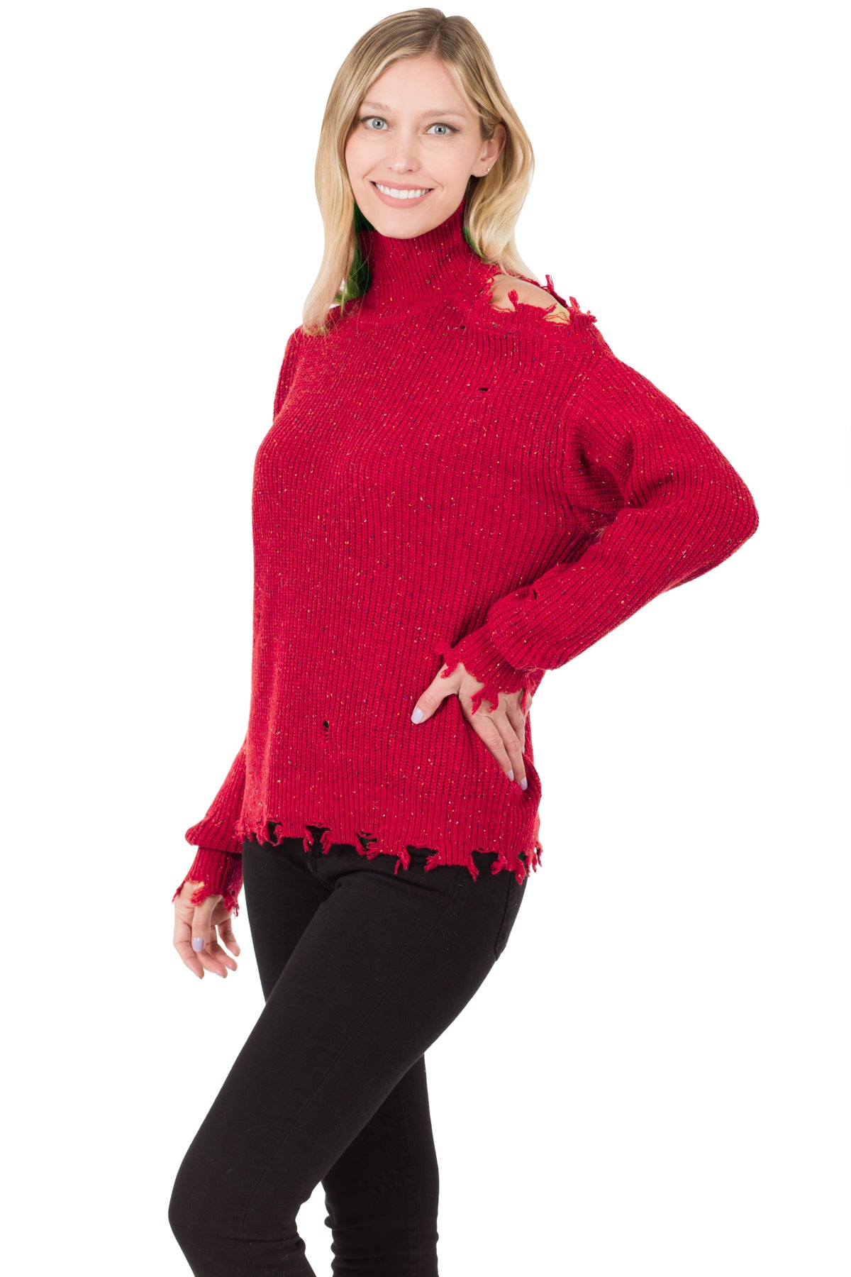 1357- Dark Red Turtleneck Speckled Sweater