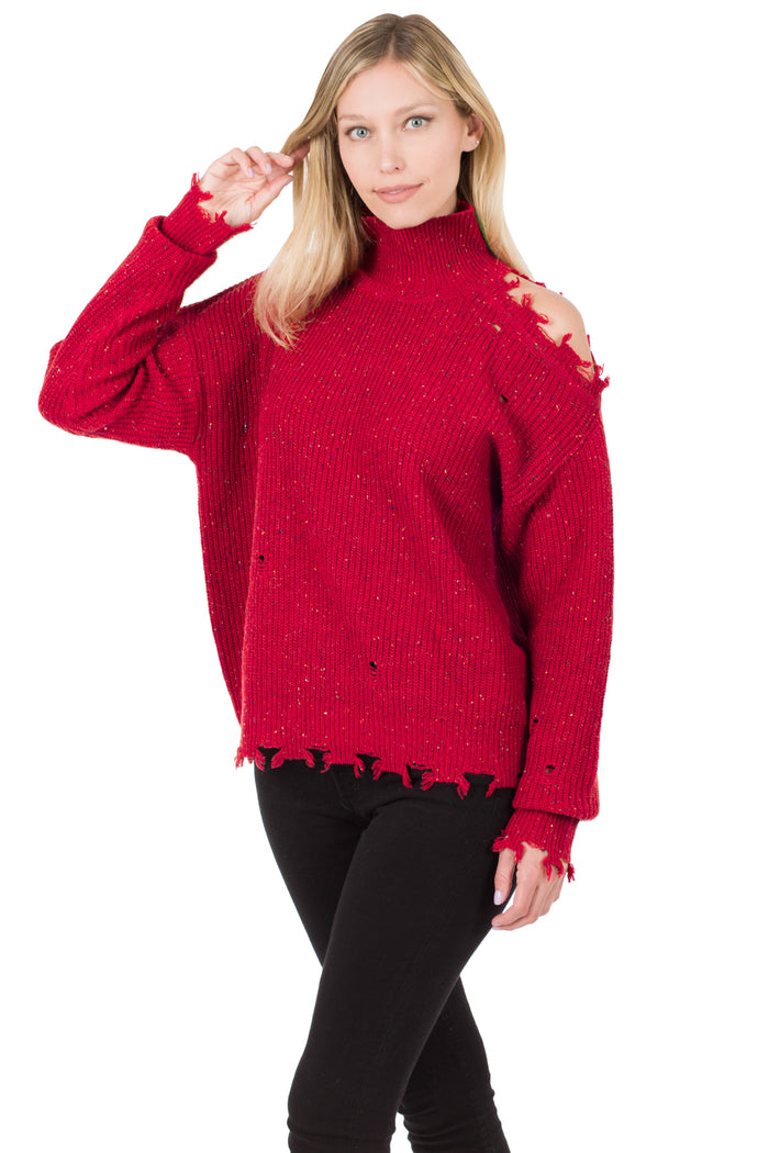 1357- Dark Red Turtleneck Speckled Sweater