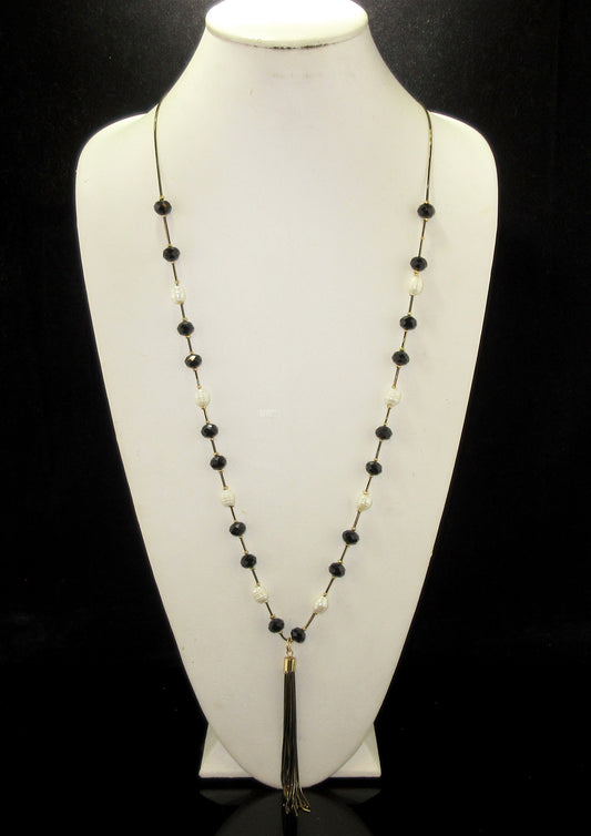 1444- Black Antique Pearl/Crystal Beaded Tassel Long Necklace