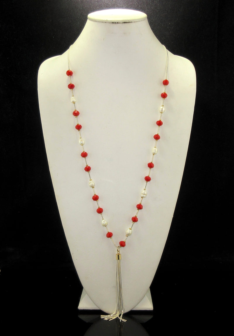 1445- Red Antique Pearl/Crystal Beaded Tassel Long Necklace