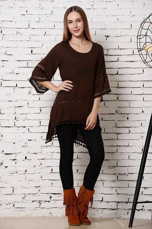 6324- Brown Lace Trim Accent Tunic w/ Fringe Hemline