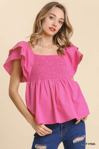 1548- Umgee Smocked Poplin Short Sleeve Layered Ruffle Top