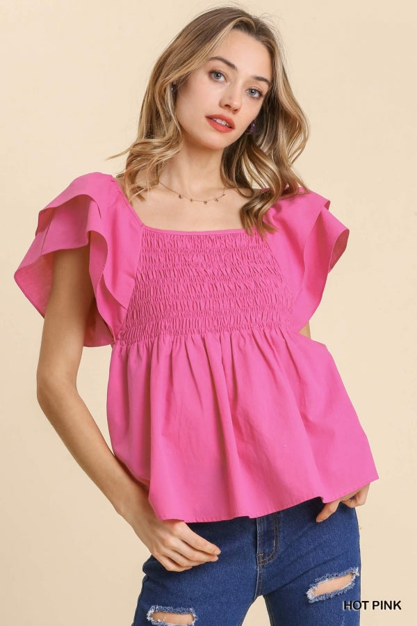 1548- Umgee Smocked Poplin Short Sleeve Layered Ruffle Top