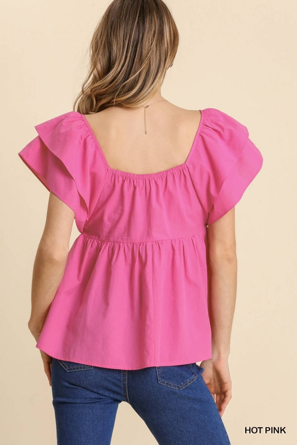 1548- Umgee Smocked Poplin Short Sleeve Layered Ruffle Top