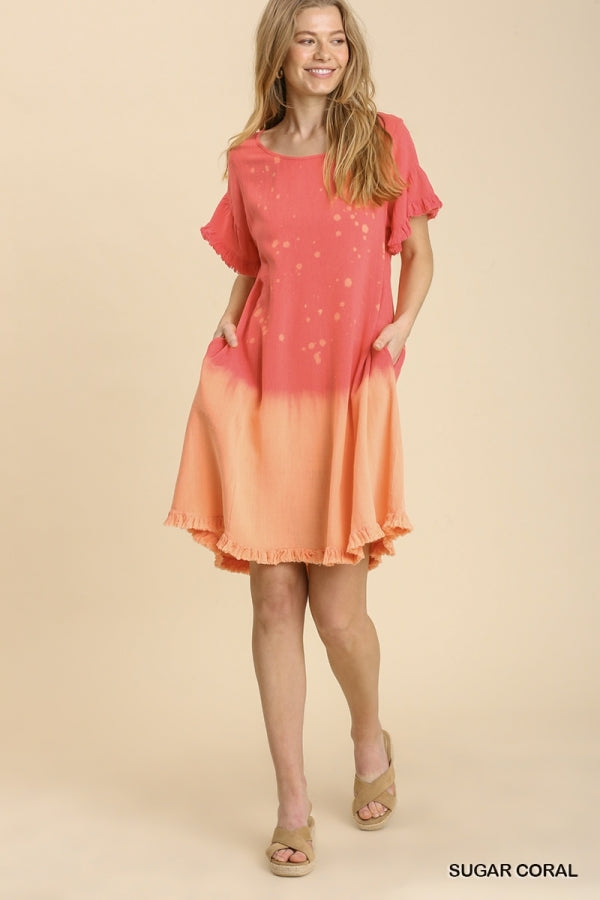 1542- Umgee Sugar Coral Bleach Dip Linen Dress