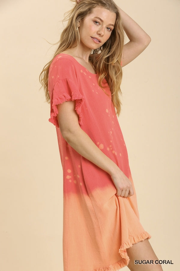 1542- Umgee Sugar Coral Bleach Dip Linen Dress