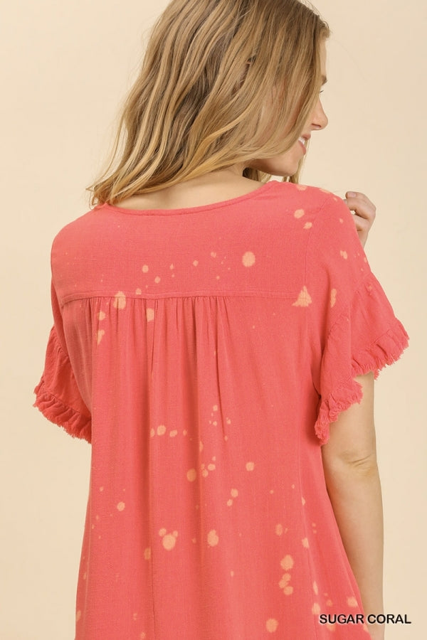 1542- Umgee Sugar Coral Bleach Dip Linen Dress