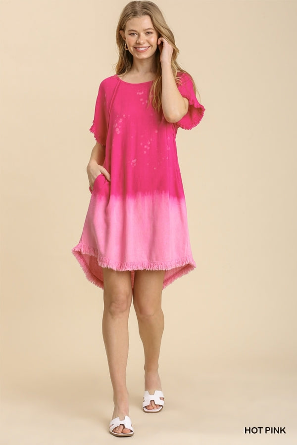 1541- Umgee Hot Pink Bleach Dip Linen High Low Dress