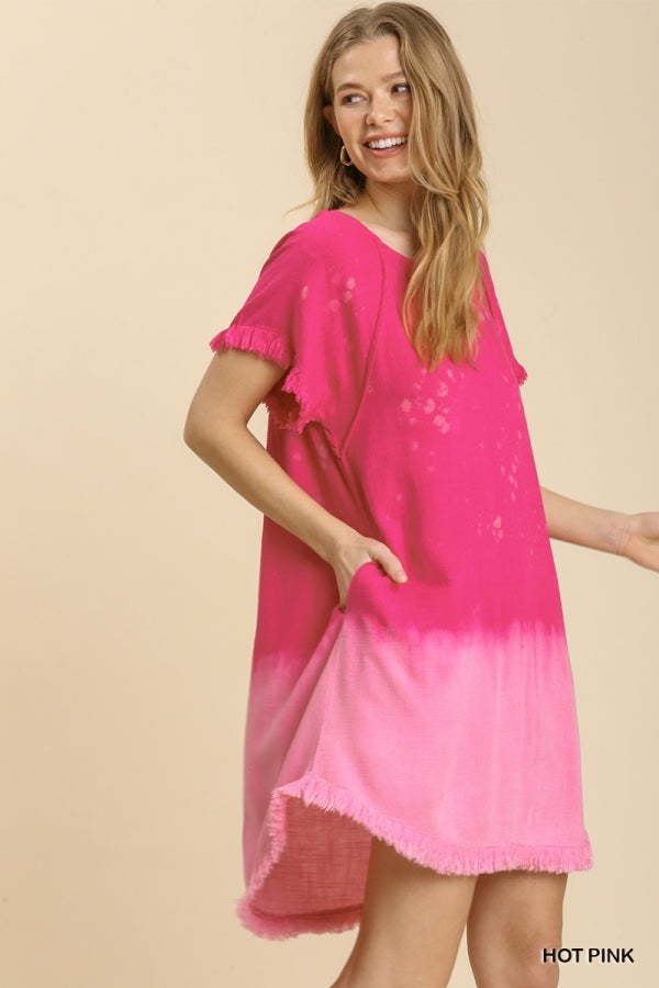 1541- Umgee Hot Pink Bleach Dip Linen High Low Dress