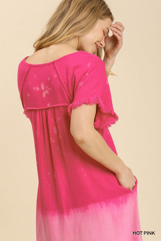 1541- Umgee Hot Pink Bleach Dip Linen High Low Dress