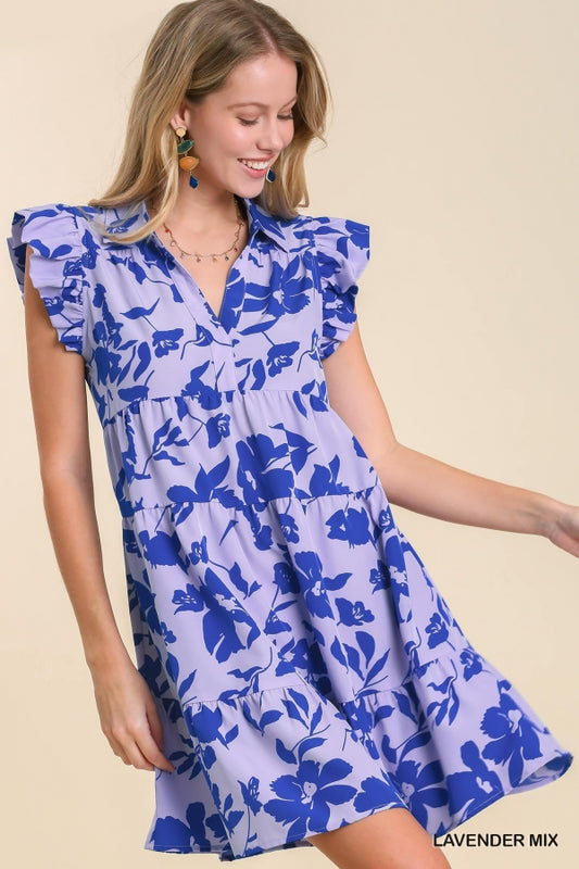 7830- Lavender Floral Print Collar Tier Dress [UMGEE]