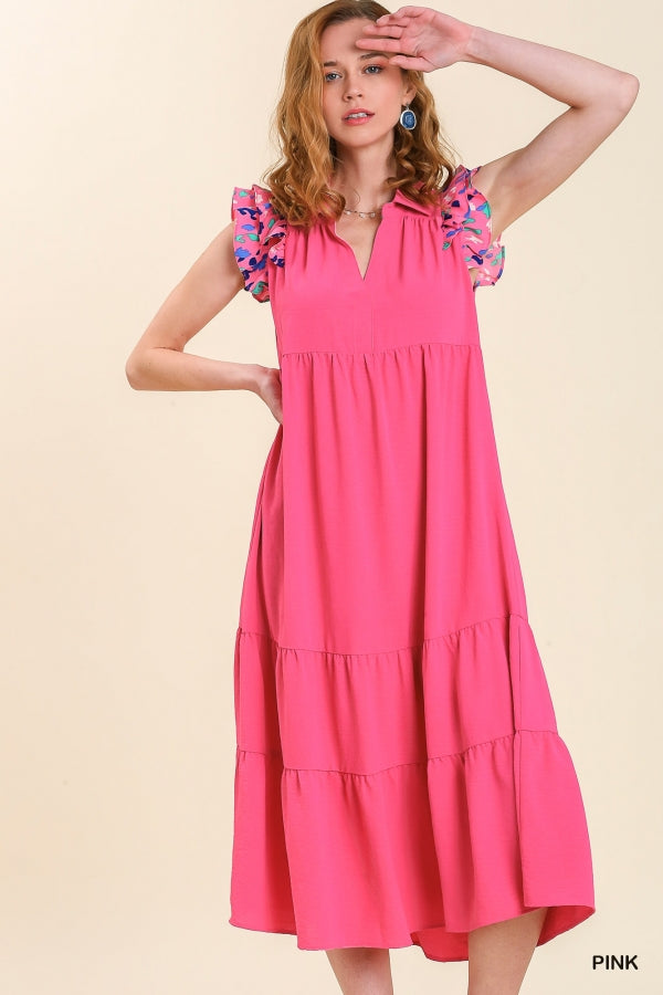 7284- Hot Pink Collar Tier Maxi Dress w/ Leopard Sleeves [UMGEE]