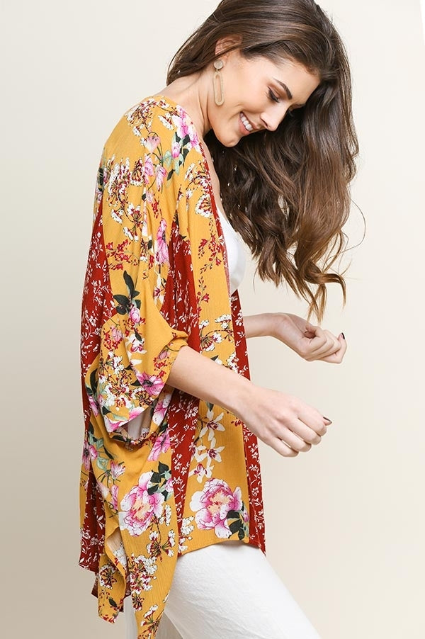 1596- Umgee Mango Mix Floral Print Open Front Kimono