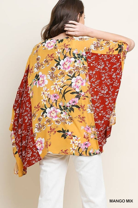 1596- Umgee Mango Mix Floral Print Open Front Kimono