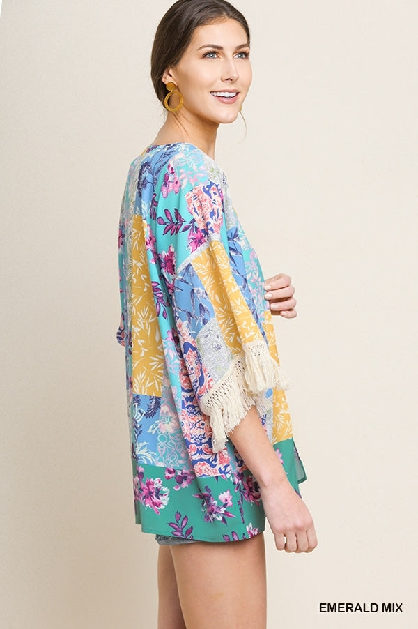 1597- Umgee Emerald Patchwork Kimono w/ Lace Detail Sleeves