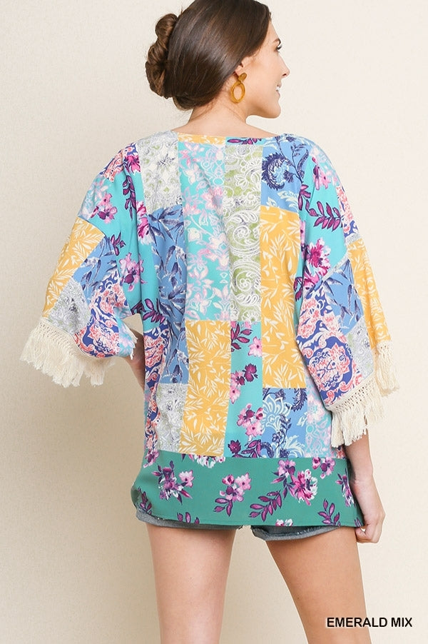 1597- Umgee Emerald Patchwork Kimono w/ Lace Detail Sleeves