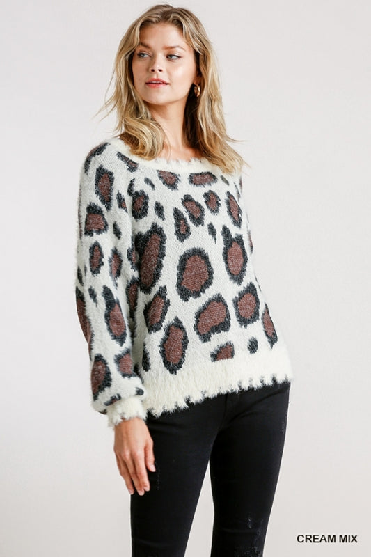 5058- Umgee Cream Animal Print Pullover Sweater w/ Distressing