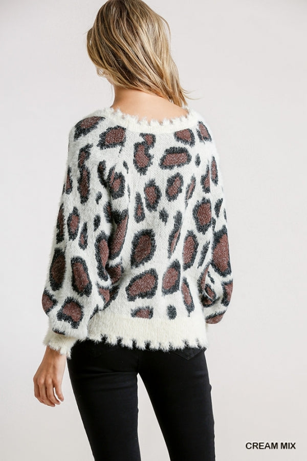 5058- Umgee Cream Animal Print Pullover Sweater w/ Distressing